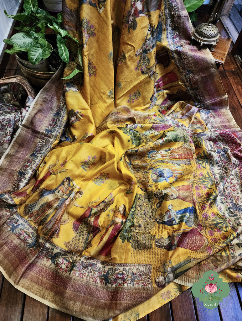 Yellow Pure Tussar Silk Saree With Pichwai Print 5