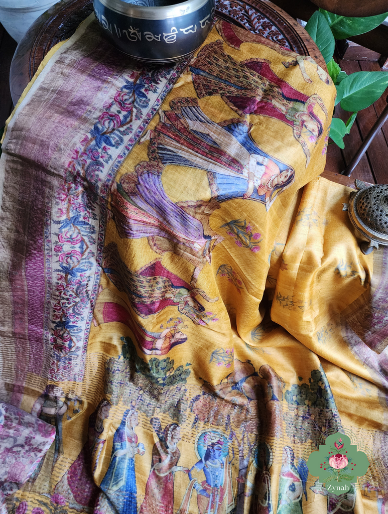 Yellow Pure Tussar Silk Saree With Pichwai Print 6