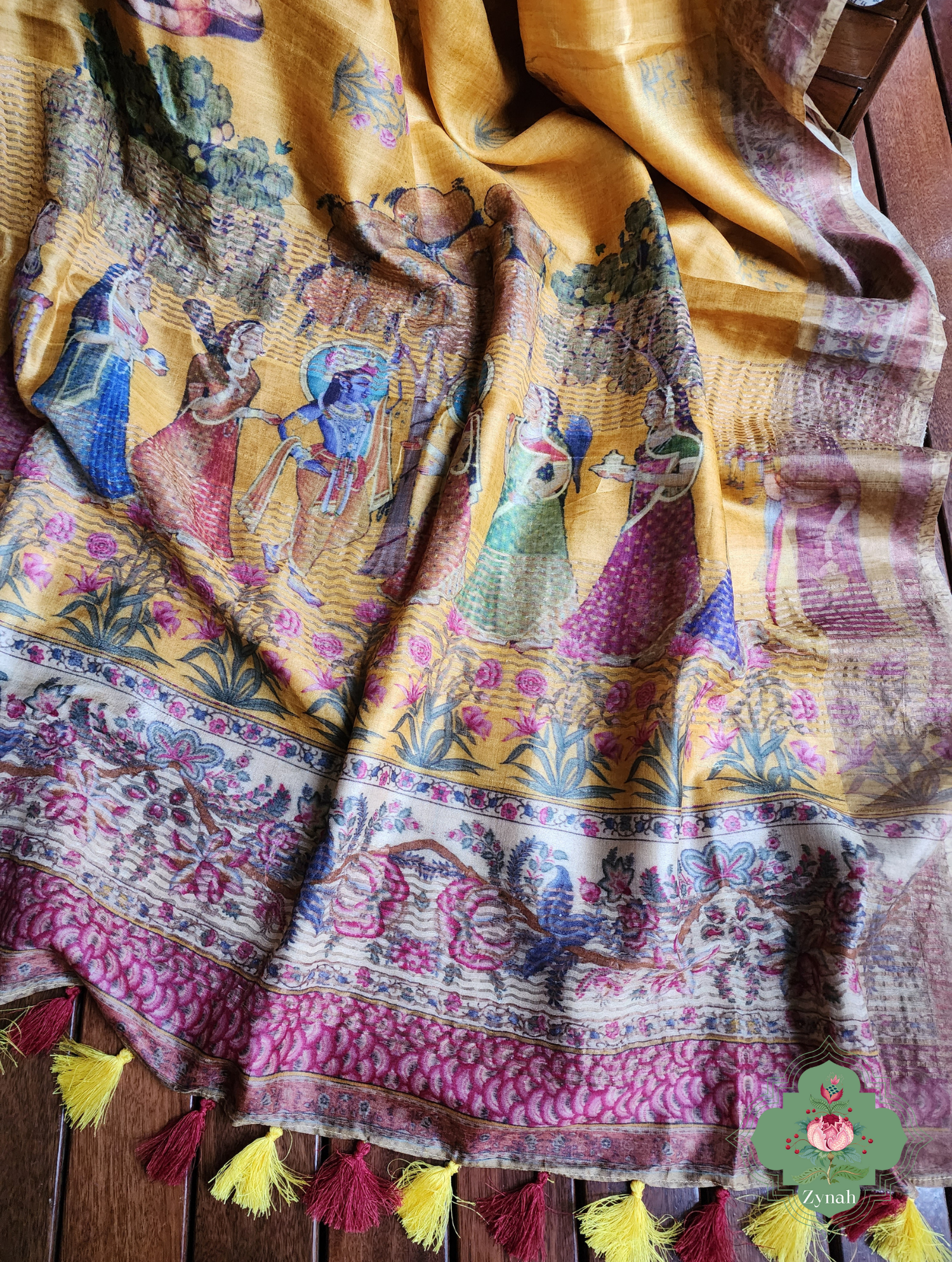 Yellow Pure Tussar Silk Saree With Pichwai Print 8