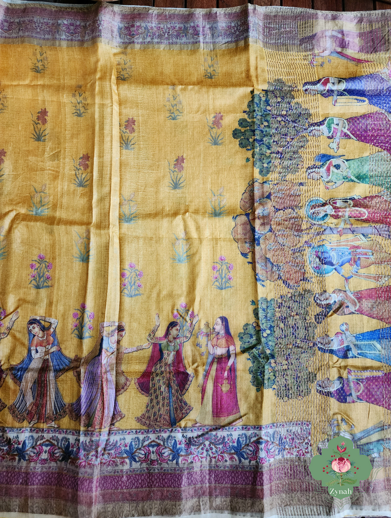 Yellow Pure Tussar Silk Saree With Pichwai Print 9