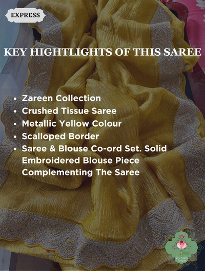 Metallic Yellow Crushed Tissue Saree With Scalloped Border 2