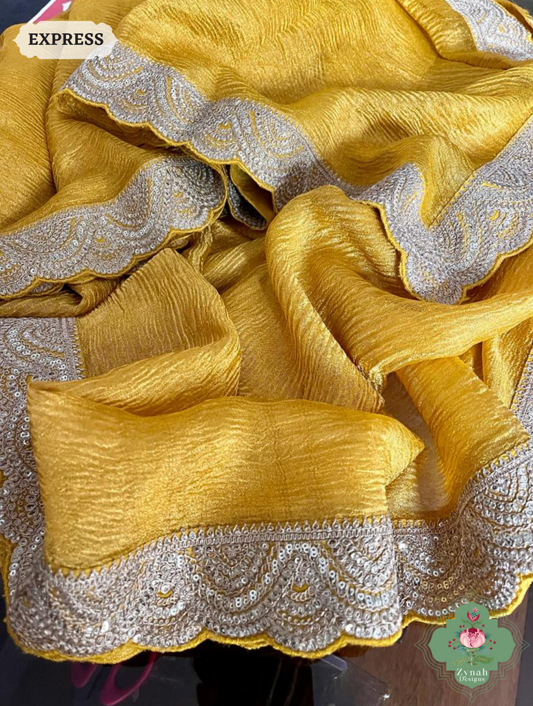 Metallic Yellow Crushed Tissue Saree With Scalloped Border 3