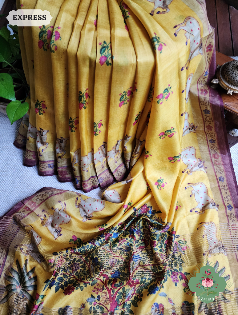 Zynah Yellow Pure Tussar Silk Saree With Pichwai Print; Custom Stitched/Ready-made Blouse, Fall, Petticoat; SKU: 1908202302