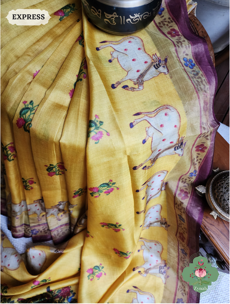 Zynah Yellow Pure Tussar Silk Saree With Pichwai Print; Custom Stitched/Ready-made Blouse, Fall, Petticoat; SKU: 1908202302