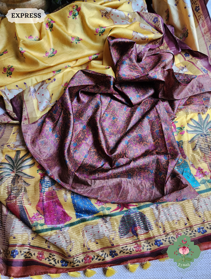 Zynah Yellow Pure Tussar Silk Saree With Pichwai Print; Custom Stitched/Ready-made Blouse, Fall, Petticoat; SKU: 1908202302