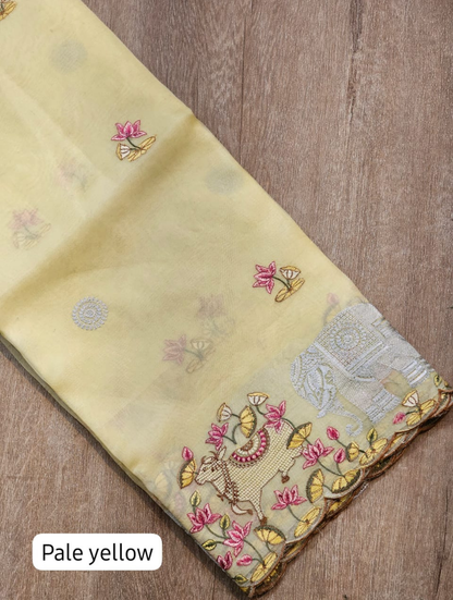 Zynah Pure Organza Silk Sarees With Elephant Pichwai Embroidery & Scallop Border; Custom Stitched/Ready-made Blouse, Fall, Petticoat; SKU: 0401202410