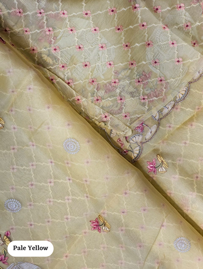 Zynah Pure Organza Silk Sarees With Elephant Pichwai Embroidery & Scallop Border; Custom Stitched/Ready-made Blouse, Fall, Petticoat; SKU: 0401202410