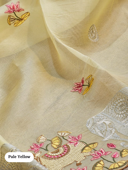 Zynah Pure Organza Silk Sarees With Elephant Pichwai Embroidery & Scallop Border; Custom Stitched/Ready-made Blouse, Fall, Petticoat; SKU: 0401202410