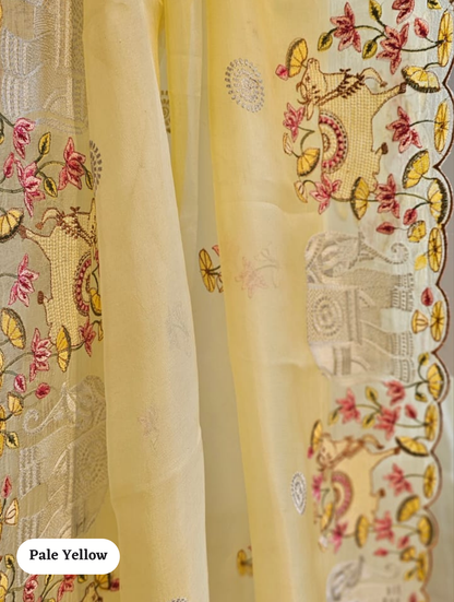 Zynah Pure Organza Silk Sarees With Elephant Pichwai Embroidery & Scallop Border; Custom Stitched/Ready-made Blouse, Fall, Petticoat; SKU: 0401202410