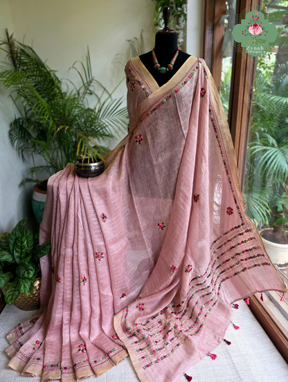 Yutika | Dusty Rose Pink Pure Silk Linen Saree With Hand Embroidery