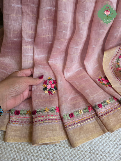 Yutika | Dusty Rose Pink Pure Silk Linen Saree With Hand Embroidery