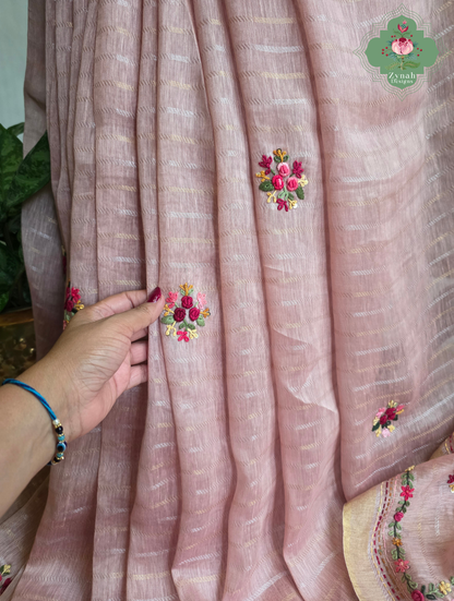 Yutika | Dusty Rose Pink Pure Silk Linen Saree With Hand Embroidery