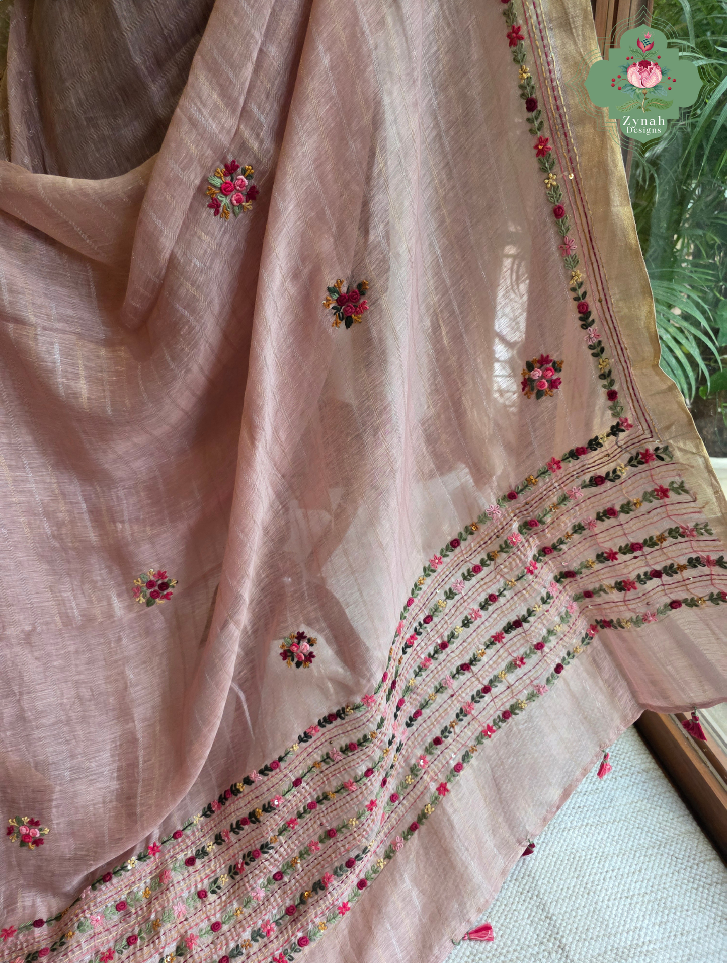 Yutika | Dusty Rose Pink Pure Silk Linen Saree With Hand Embroidery