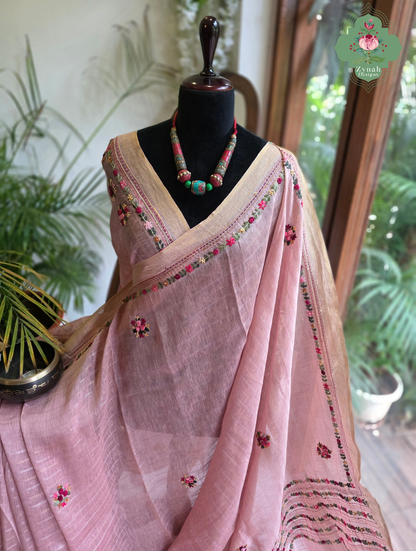 Yutika | Dusty Rose Pink Pure Silk Linen Saree With Hand Embroidery