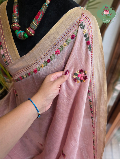 Yutika | Dusty Rose Pink Pure Silk Linen Saree With Hand Embroidery