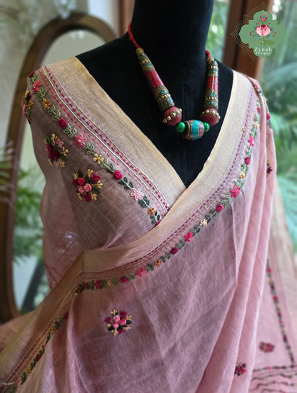 Yutika | Dusty Rose Pink Pure Silk Linen Saree With Hand Embroidery