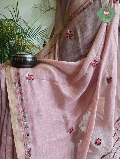 Yutika | Dusty Rose Pink Pure Silk Linen Saree With Hand Embroidery