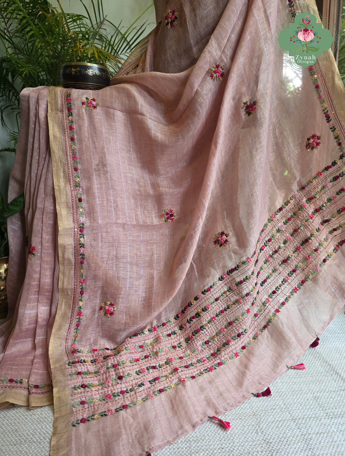 Yutika | Dusty Rose Pink Pure Silk Linen Saree With Hand Embroidery
