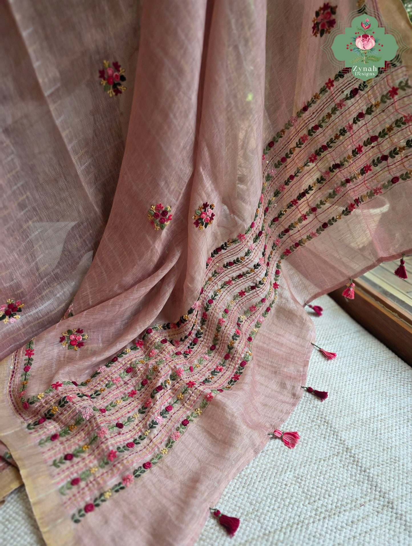 Yutika | Dusty Rose Pink Pure Silk Linen Saree With Hand Embroidery