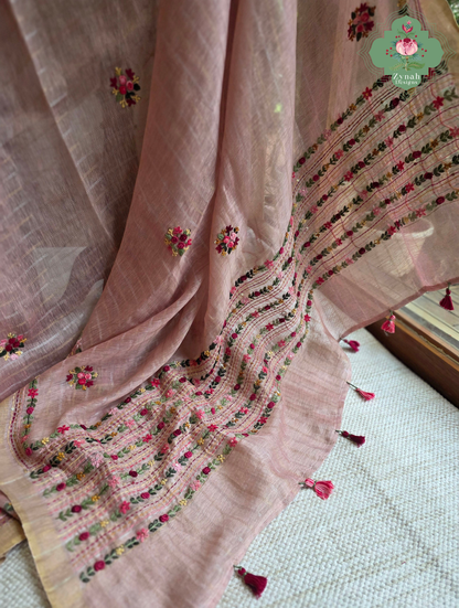 Yutika | Dusty Rose Pink Pure Silk Linen Saree With Hand Embroidery