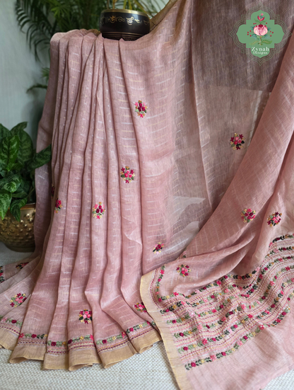 Yutika | Dusty Rose Pink Pure Silk Linen Saree With Hand Embroidery