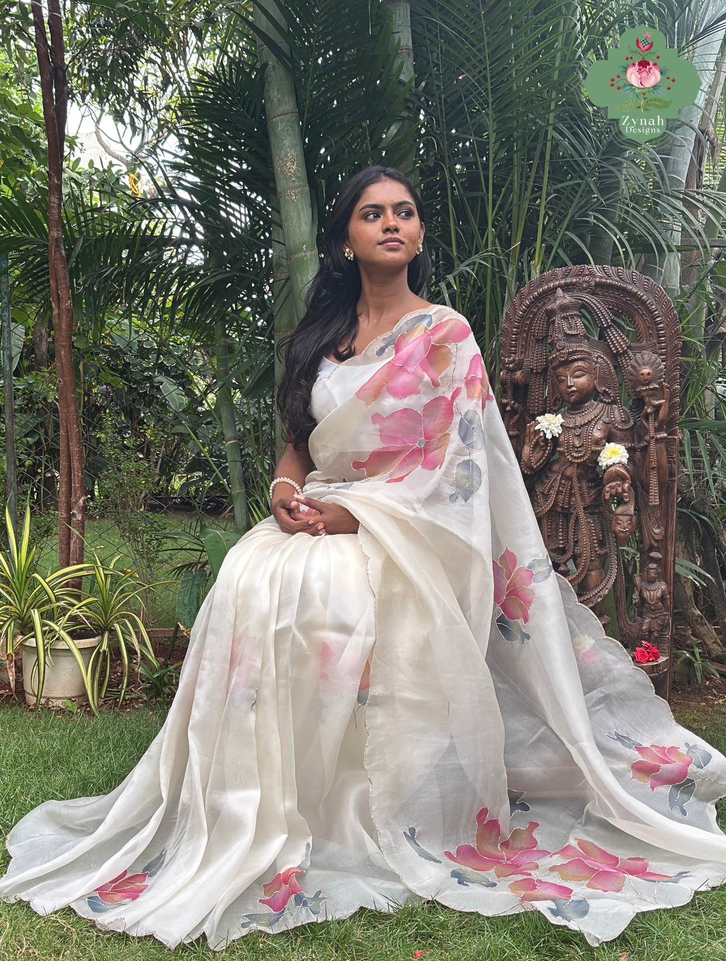 Zahra Off White Hand Painted Organza Silk Saree With Hand Embellishments