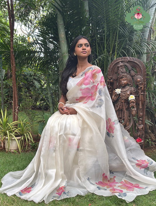 Zahra Off White Hand Painted Organza Silk Saree With Hand Embellishments