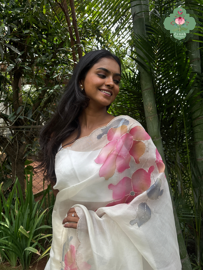 Zahra Off White Hand Painted Organza Silk Saree With Hand Embellishments