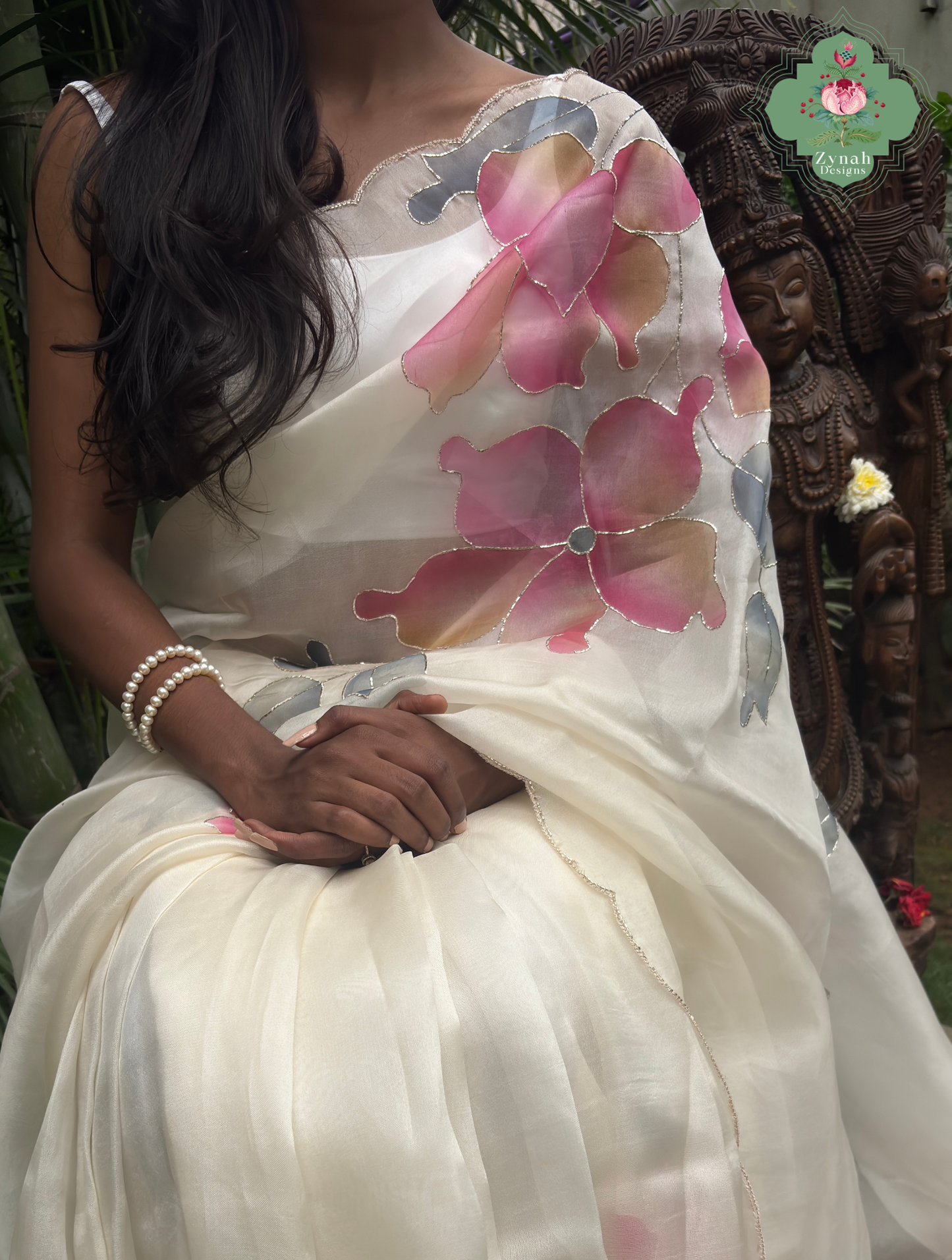 Zahra Off White Hand Painted Organza Silk Saree With Hand Embellishments