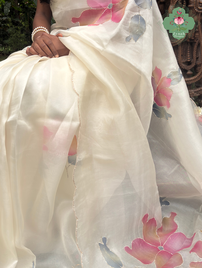 Zahra Off White Hand Painted Organza Silk Saree With Hand Embellishments