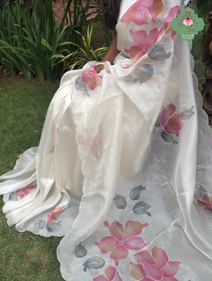 Zahra Off White Hand Painted Organza Silk Saree With Hand Embellishments