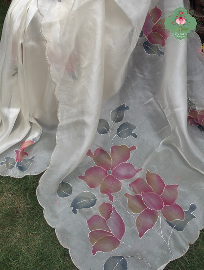 Zahra Off White Hand Painted Organza Silk Saree With Hand Embellishments