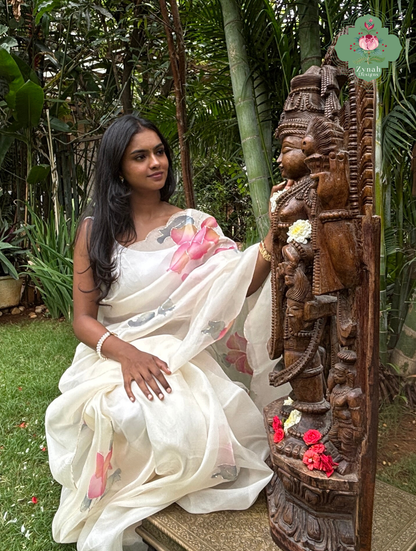 Zahra Off White Hand Painted Organza Silk Saree With Hand Embellishments