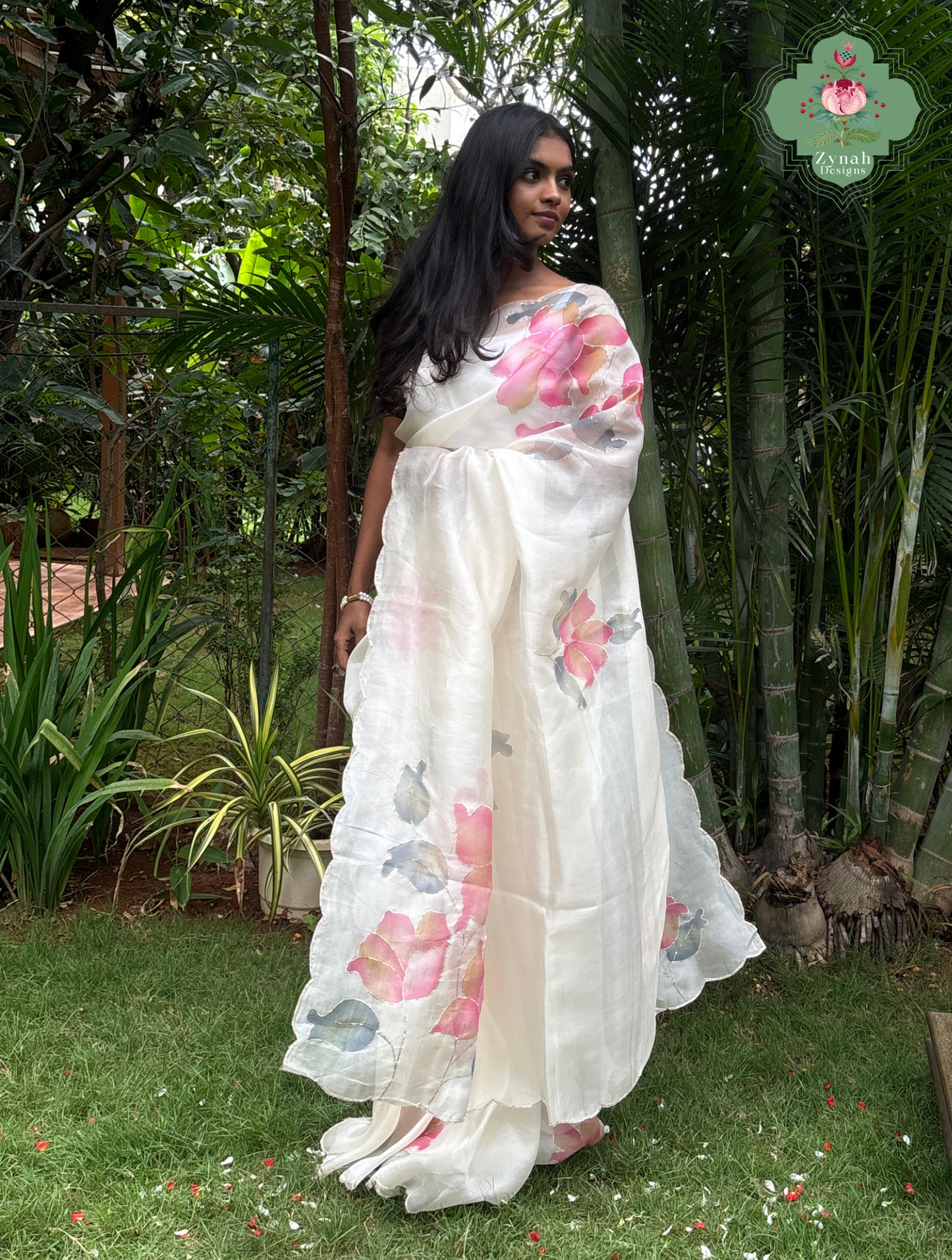 Zahra Off White Hand Painted Organza Silk Saree With Hand Embellishments