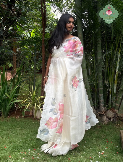 Zahra Off White Hand Painted Organza Silk Saree With Hand Embellishments
