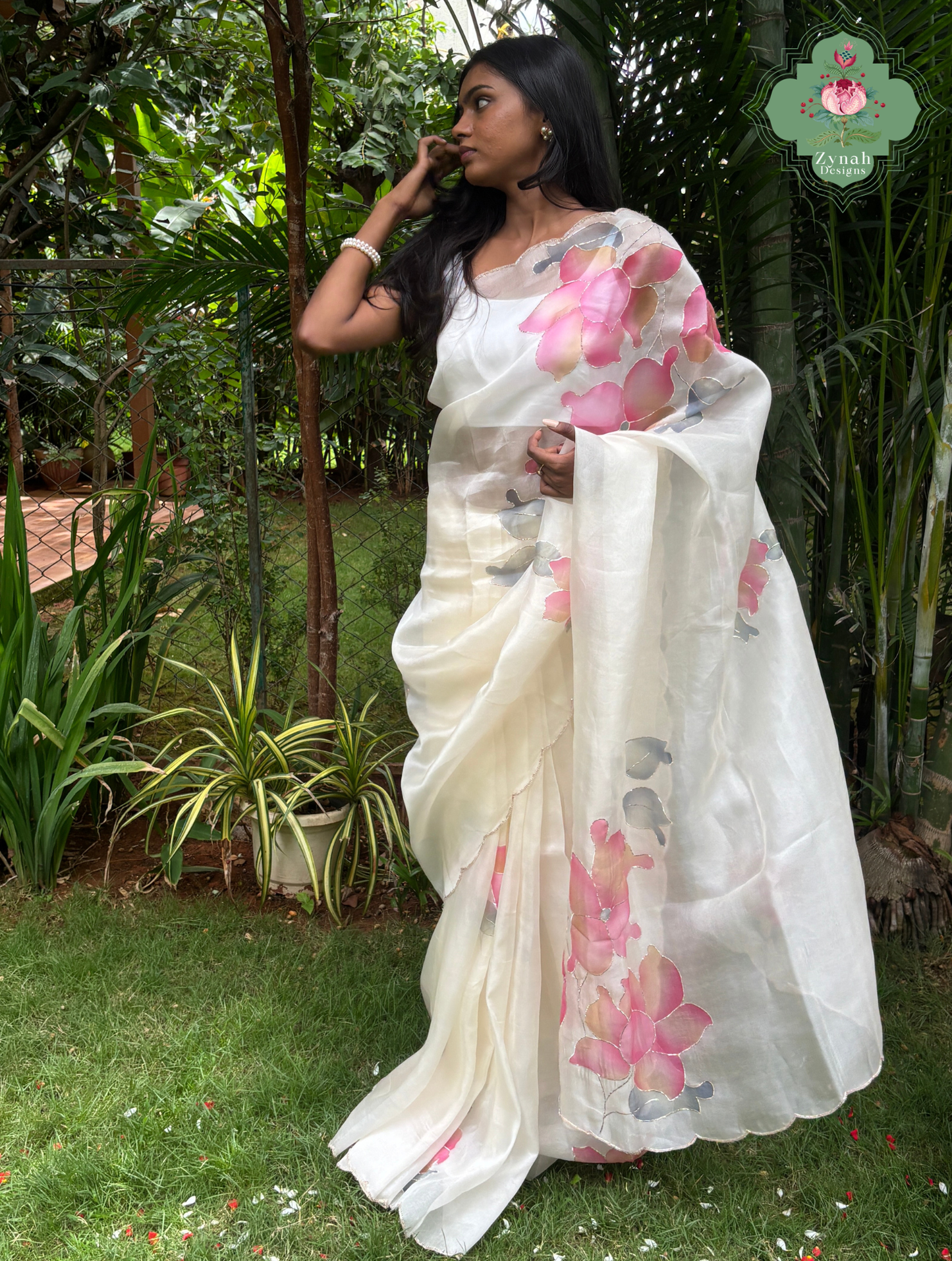Zahra Off White Hand Painted Organza Silk Saree With Hand Embellishments