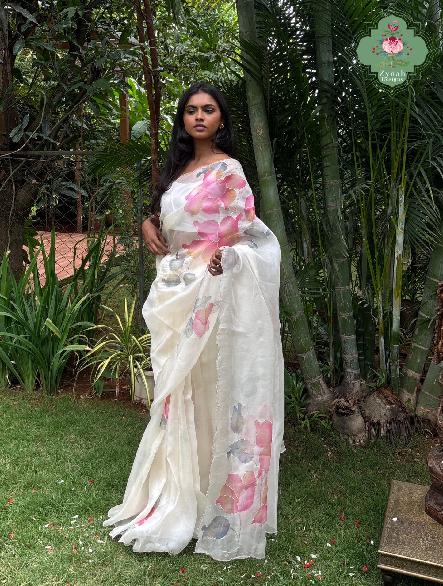 Zahra Off White Hand Painted Organza Silk Saree With Hand Embellishments