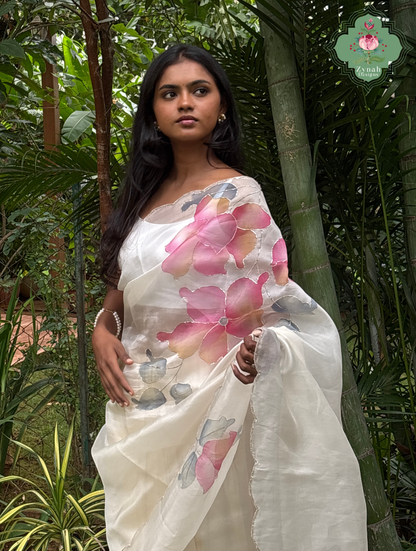 Zahra Off White Hand Painted Organza Silk Saree With Hand Embellishments