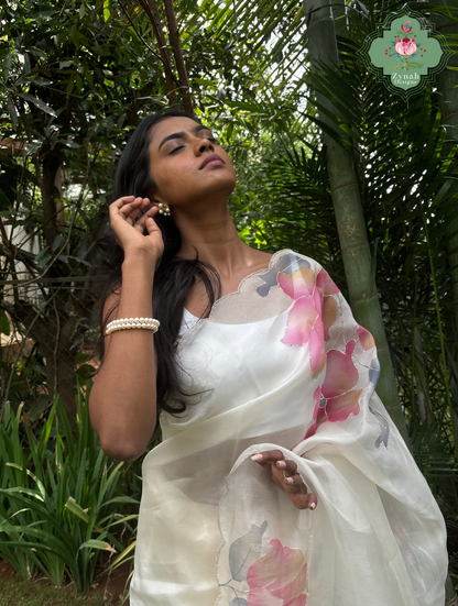 Zahra Off White Hand Painted Organza Silk Saree With Hand Embellishments