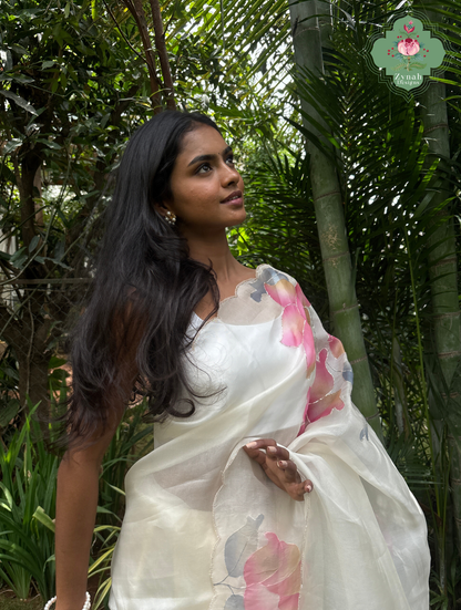 Zahra Off White Hand Painted Organza Silk Saree With Hand Embellishments