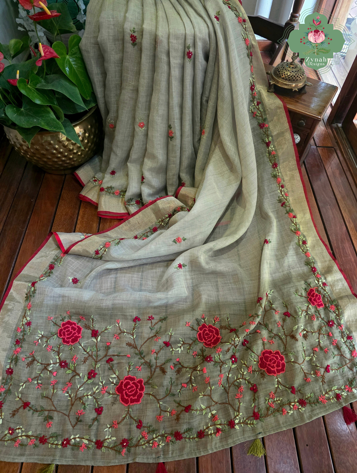 Zarnish | Earthy Green Linen Tissue Saree With Hand Embroidery