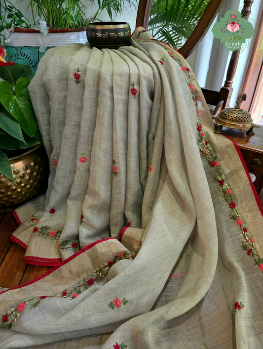 Zarnish | Earthy Green Linen Tissue Saree With Hand Embroidery