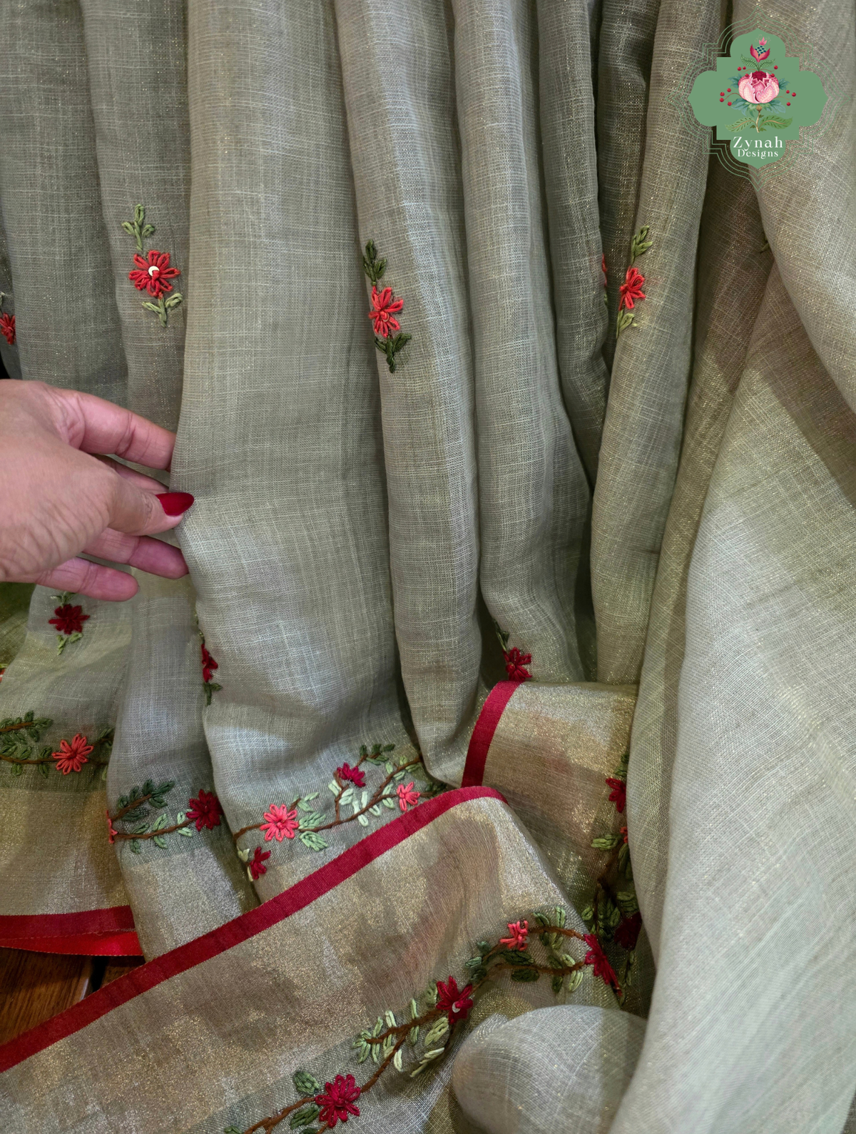 Zarnish | Earthy Green Linen Tissue Saree With Hand Embroidery