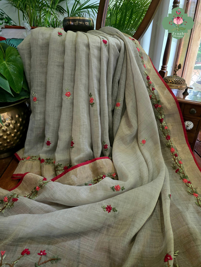 Zarnish | Earthy Green Linen Tissue Saree With Hand Embroidery