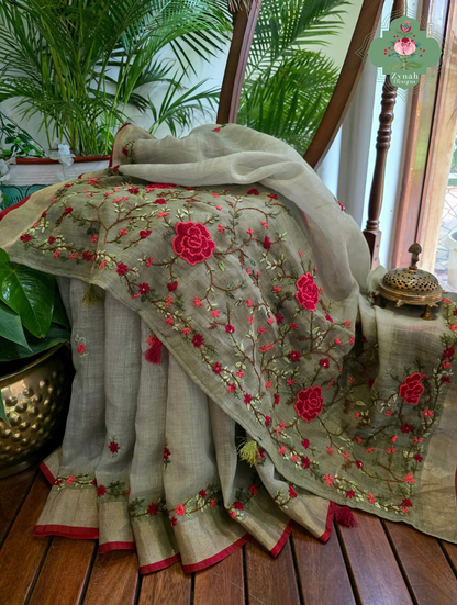 Zarnish | Earthy Green Linen Tissue Saree With Hand Embroidery