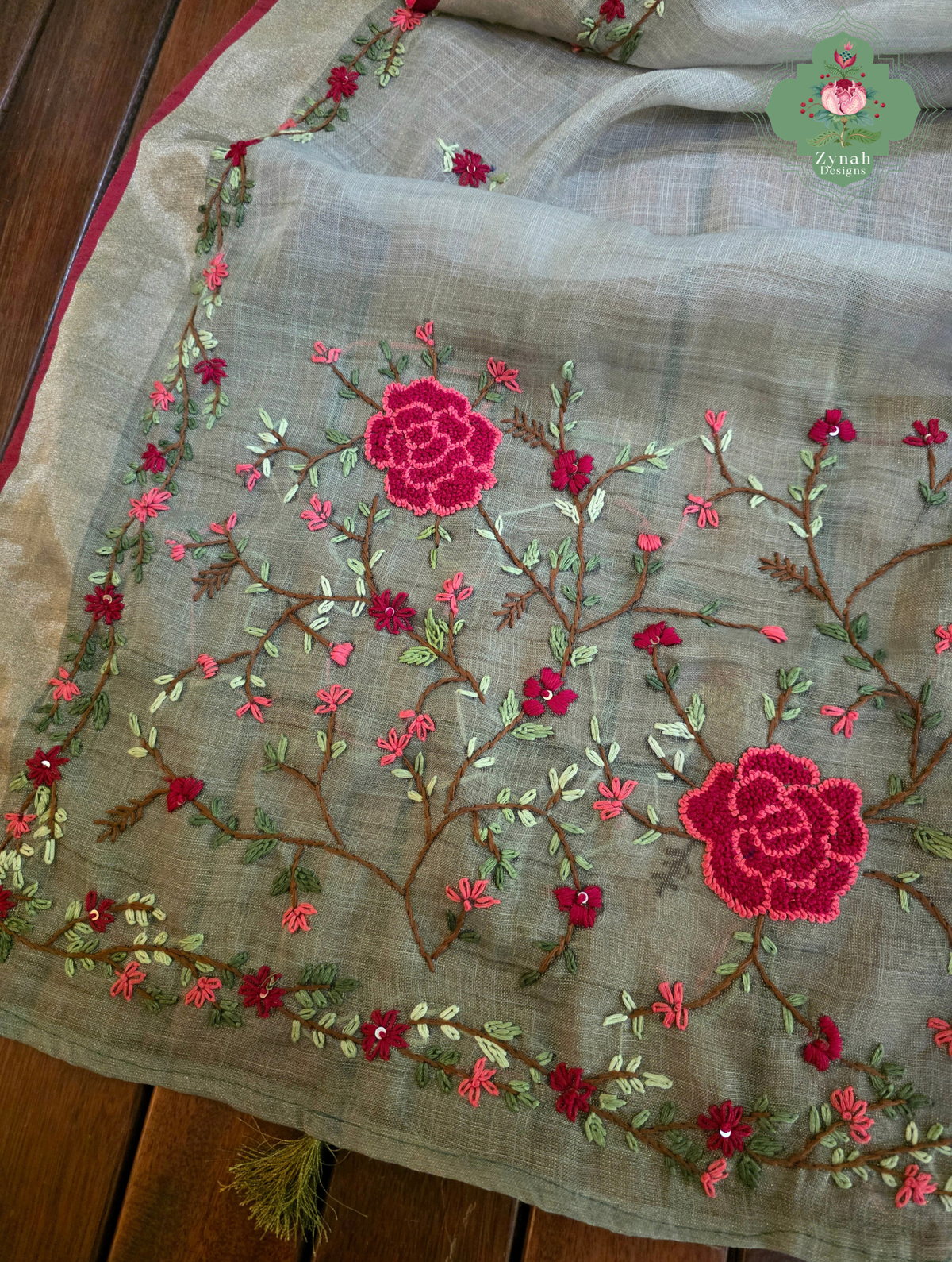 Zarnish | Earthy Green Linen Tissue Saree With Hand Embroidery