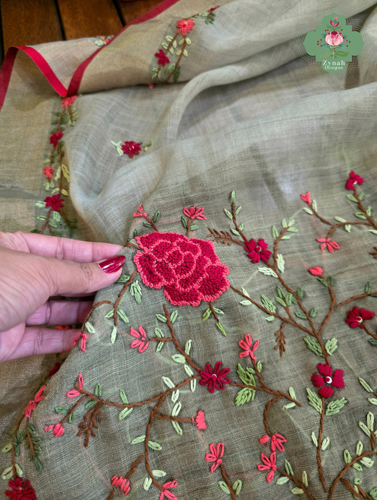 Zarnish | Earthy Green Linen Tissue Saree With Hand Embroidery