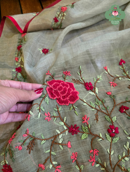 Zarnish | Earthy Green Linen Tissue Saree With Hand Embroidery
