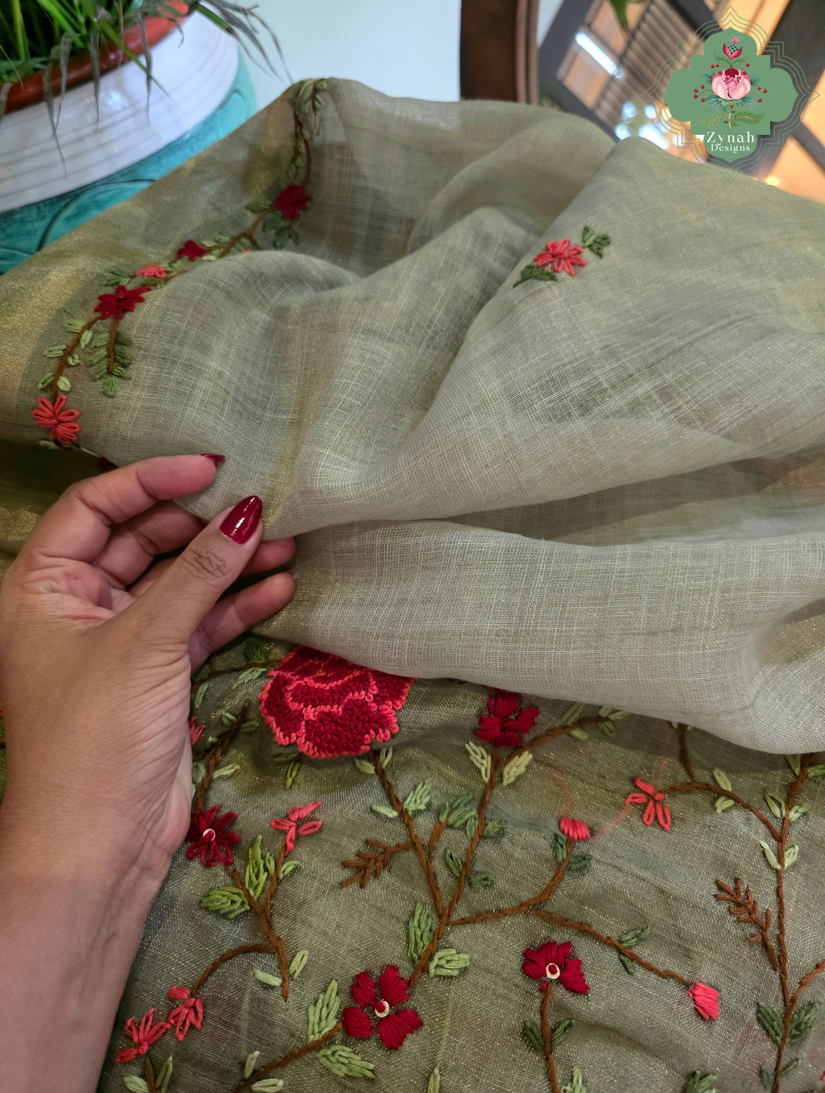 Zarnish | Earthy Green Linen Tissue Saree With Hand Embroidery