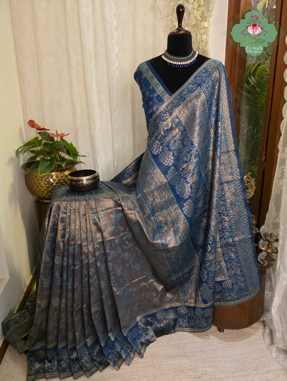 Zeba | Royal Blue & Antique Gold Kashmiri Pure Kani Tissue Silk Jamavar Weave Saree | Made To Order